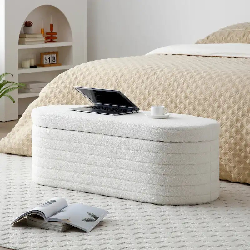 Banc de bout de lit moderne avec rangement, tissu sherpa capitonné, grand banc de rangement, pouf, tabouret à chaussures, long banc pour chambre à coucher