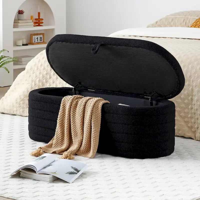 Banc de bout de lit moderne avec rangement, tissu sherpa capitonné, grand banc de rangement, pouf, tabouret à chaussures, long banc pour chambre à coucher