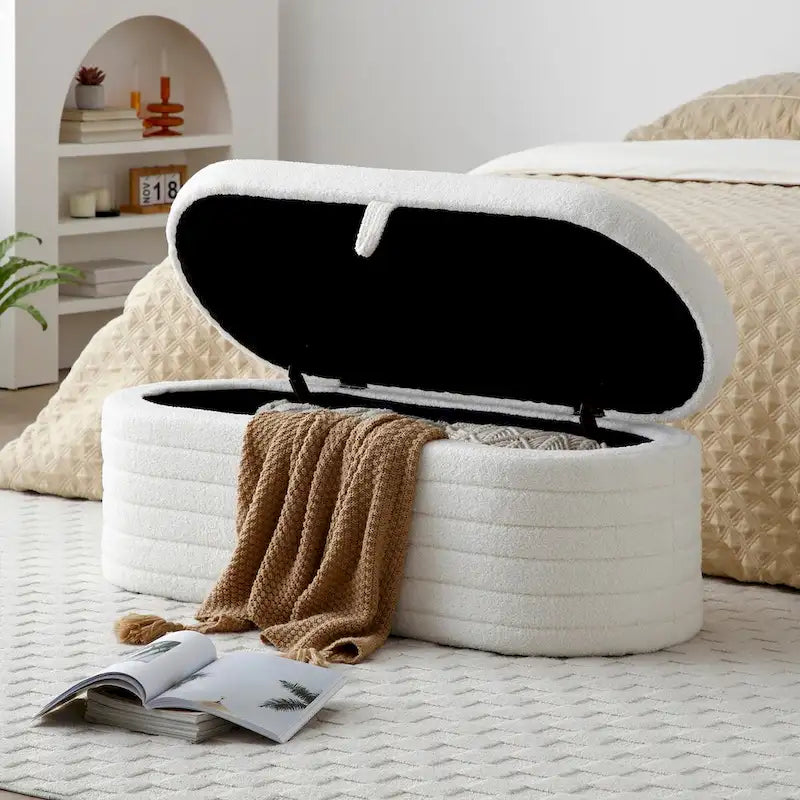 Banc de bout de lit moderne avec rangement, tissu sherpa capitonné, grand banc de rangement, pouf, tabouret à chaussures, long banc pour chambre à coucher