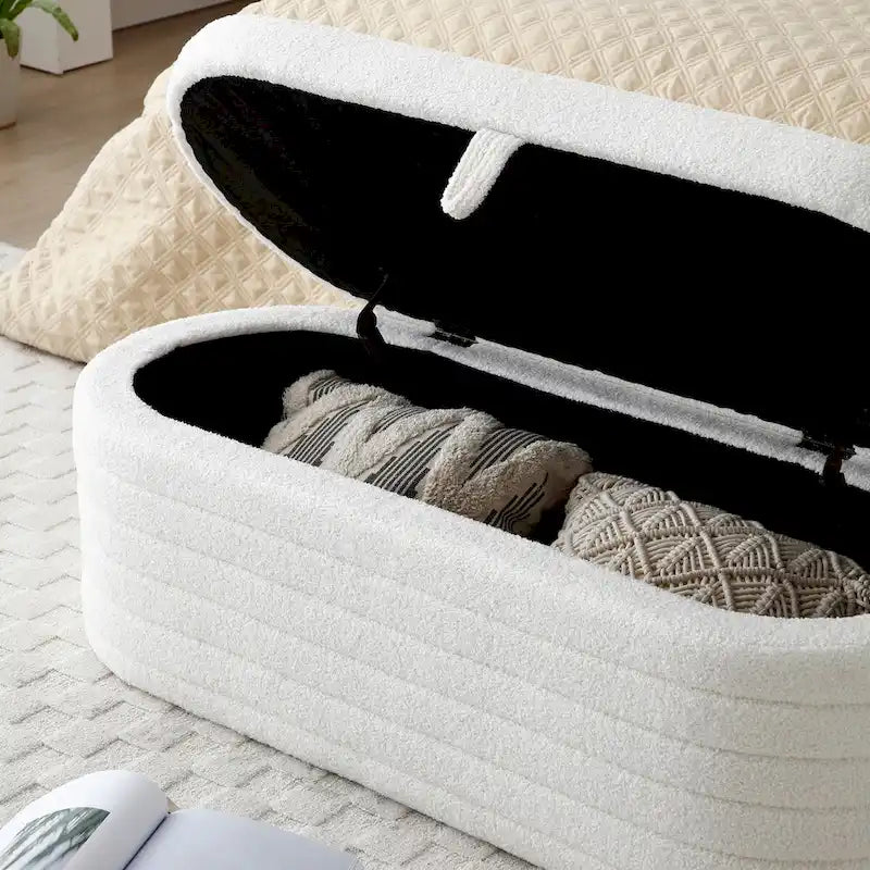 Banc de bout de lit moderne avec rangement, tissu sherpa capitonné, grand banc de rangement, pouf, tabouret à chaussures, long banc pour chambre à coucher