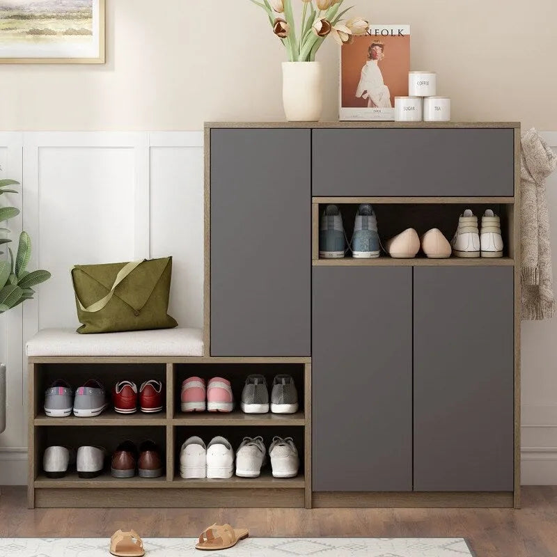 2-in-1 Multi-functional Shoe Rack with Adjustable Shelves,Shoe Storage Bench with Padded Seat