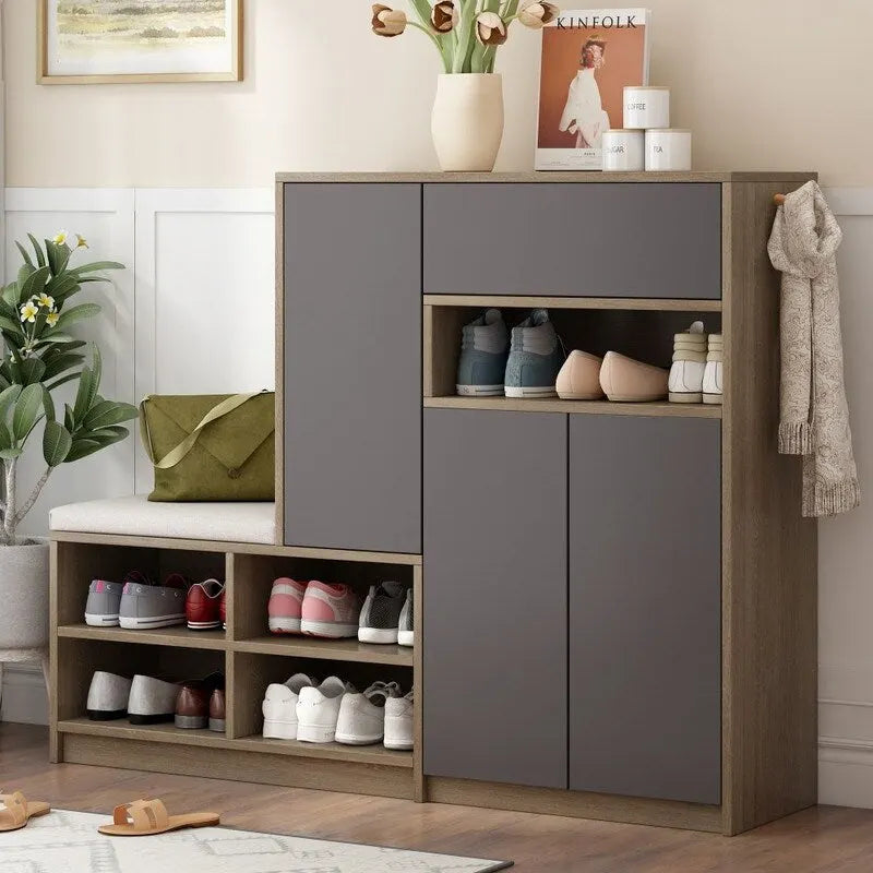 Meuble à chaussures 2-en-1 multifonctionnel avec étagères réglables, banc de rangement à chaussures avec siège rembourré