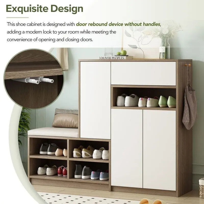 Meuble à chaussures 2-en-1 multifonctionnel avec étagères réglables, banc de rangement à chaussures avec siège rembourré