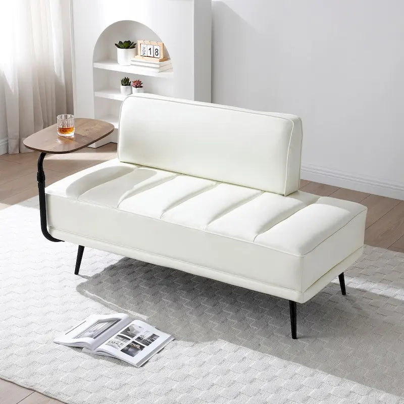 Banc de bout de lit de 56,3 po de large, rembourré en similicuir avec table d'appoint, plateau pivotant à 360 degrés, pouf d'entrée, pieds en métal