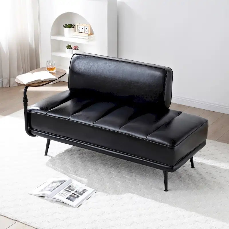 Banc de bout de lit de 56,3 po de large, rembourré en similicuir avec table d'appoint, plateau pivotant à 360 degrés, pouf d'entrée, pieds en métal