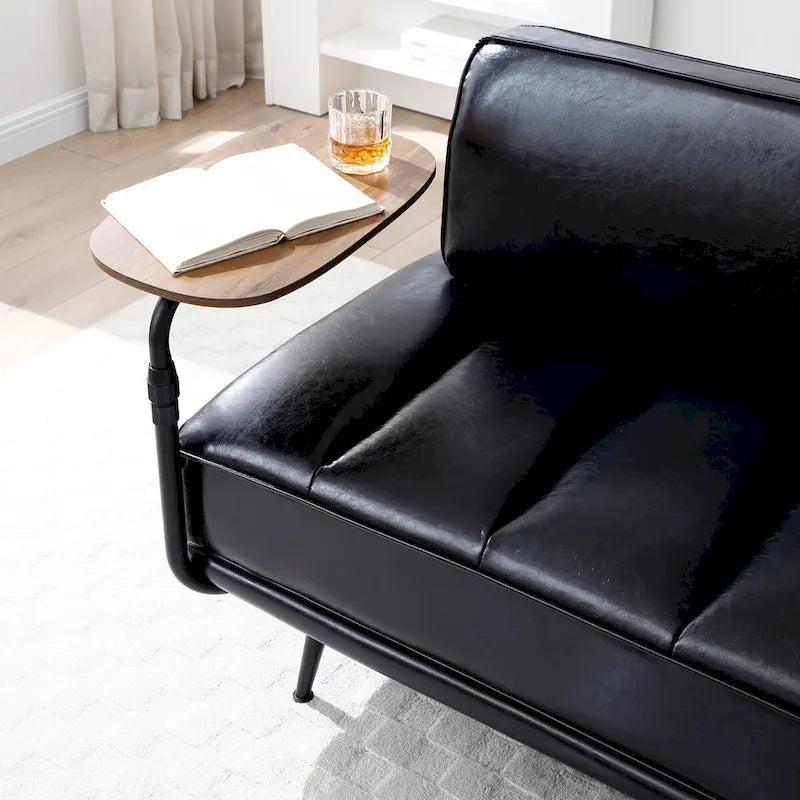 Banc de bout de lit de 56,3 po de large, rembourré en similicuir avec table d'appoint, plateau pivotant à 360 degrés, pouf d'entrée, pieds en métal