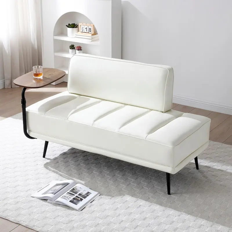 Banc de bout de lit de 56,3 po de large, rembourré en similicuir avec table d'appoint, plateau pivotant à 360 degrés, pouf d'entrée, pieds en métal