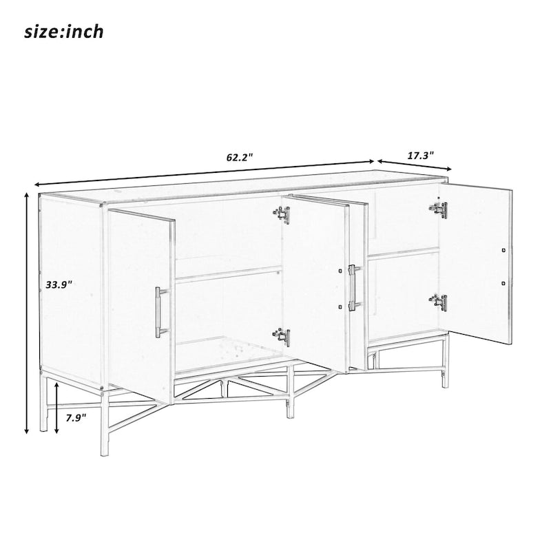 Caractéristiques Distinctives d'un Bahut à Quatre Portes avec Design en Métal et Piétement Croisé, Adapté aux Salons