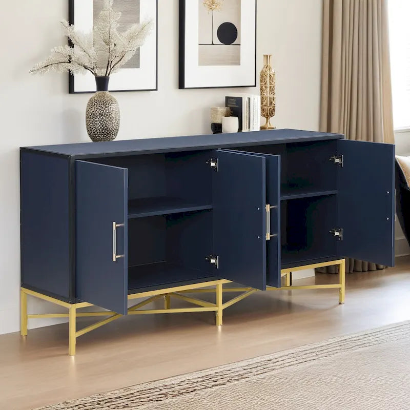 Caractéristiques Distinctives d'un Bahut à Quatre Portes avec Design en Métal et Piétement Croisé, Adapté aux Salons