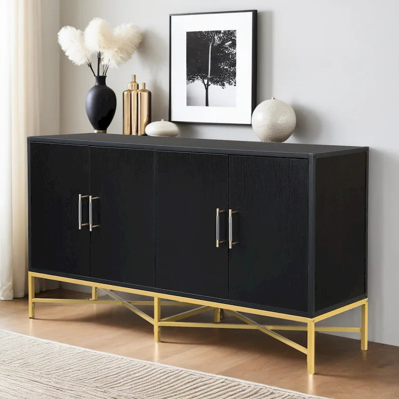 Caractéristiques Distinctives d'un Bahut à Quatre Portes avec Design en Métal et Piétement Croisé, Adapté aux Salons
