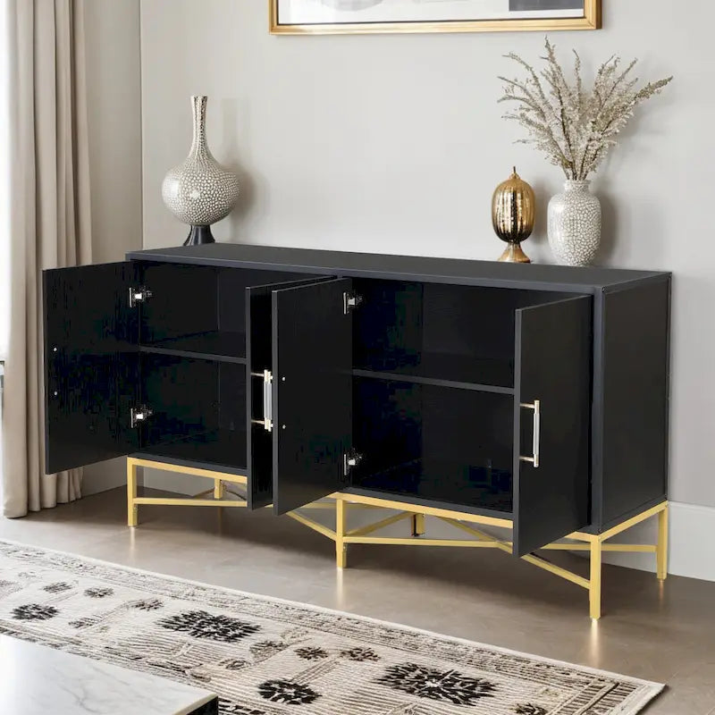 Caractéristiques Distinctives d'un Bahut à Quatre Portes avec Design en Métal et Piétement Croisé, Adapté aux Salons