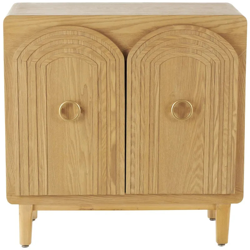 Armoire de chambre à 2 portes sculptée en bois d'inspiration Art déco géométrique avec poignées en anneaux dorés - Marron - Roche River Decor