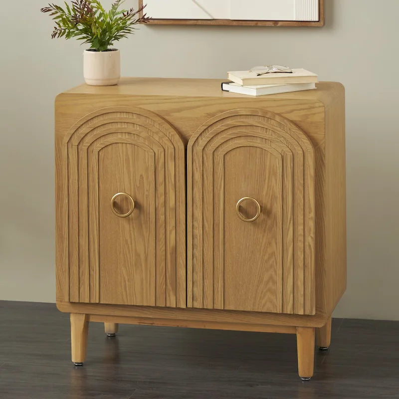 Armoire de chambre à 2 portes sculptée en bois d'inspiration Art déco géométrique avec poignées en anneaux dorés - Marron - Roche River Decor
