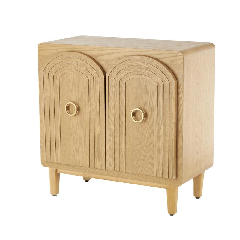 Armoire de chambre à 2 portes sculptée en bois d'inspiration Art déco géométrique avec poignées en anneaux dorés - Marron - Roche River Decor