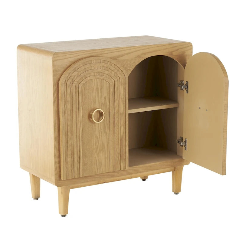 Armoire de chambre à 2 portes sculptée en bois d'inspiration Art déco géométrique avec poignées en anneaux dorés - Marron - Roche River Decor