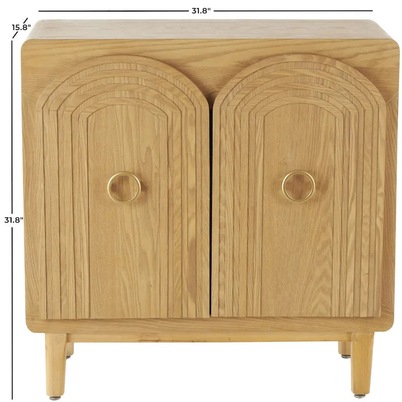 Armoire de chambre à 2 portes sculptée en bois d'inspiration Art déco géométrique avec poignées en anneaux dorés - Marron - Roche River Decor