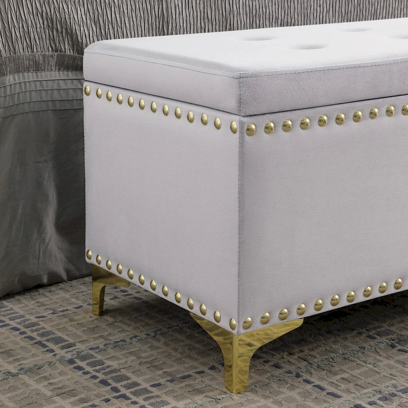 Grand ensemble de bancs de rangement, bancs combinés 2-en-1 avec garniture cloutée, bancs en velours capitonné avec pieds dorés, supporte 113 kg