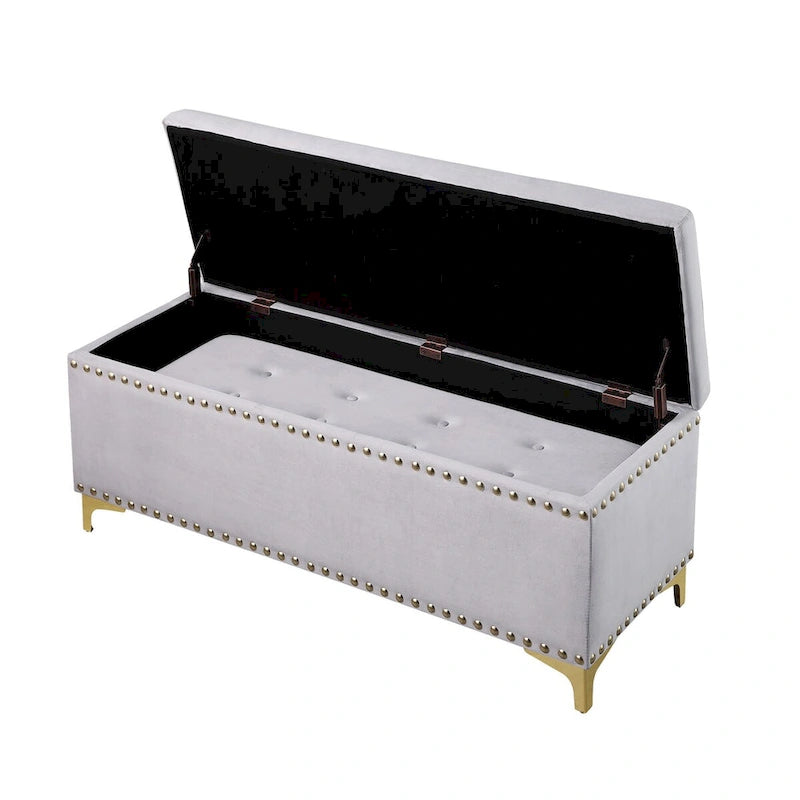 Grand ensemble de bancs de rangement, bancs combinés 2-en-1 avec garniture cloutée, bancs en velours capitonné avec pieds dorés, supporte 113 kg