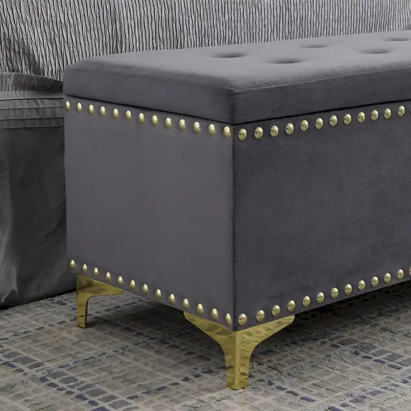 Grand ensemble de bancs de rangement, bancs combinés 2-en-1 avec garniture cloutée, bancs en velours capitonné avec pieds dorés, supporte 113 kg