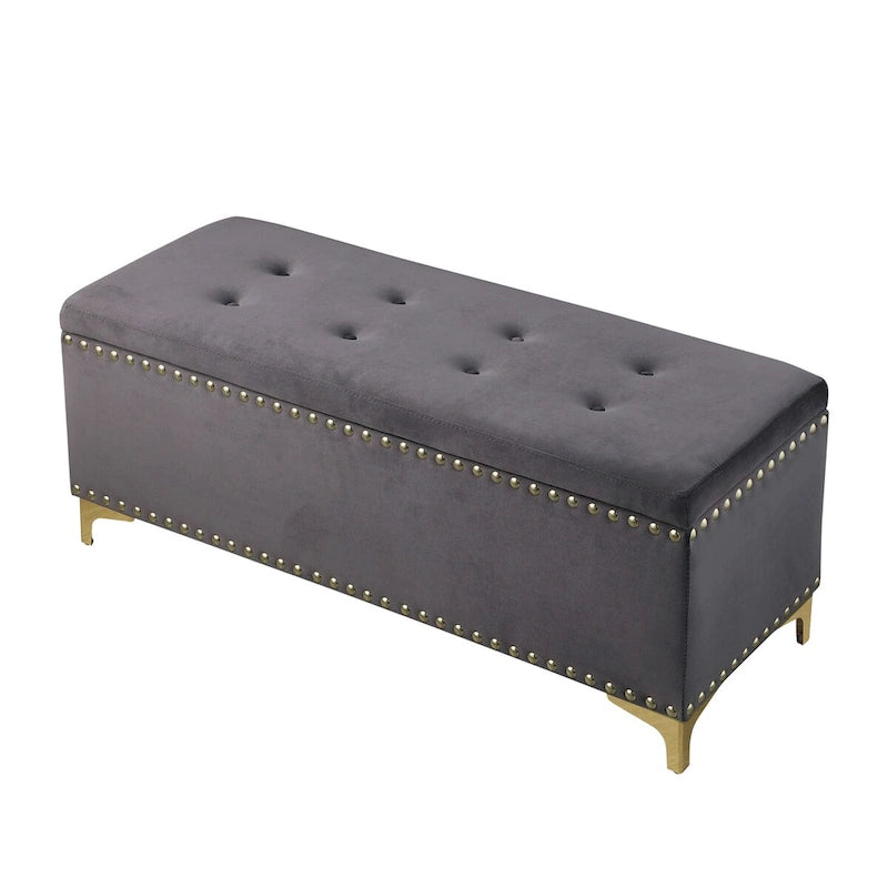 Grand ensemble de bancs de rangement, bancs combinés 2-en-1 avec garniture cloutée, bancs en velours capitonné avec pieds dorés, supporte 113 kg