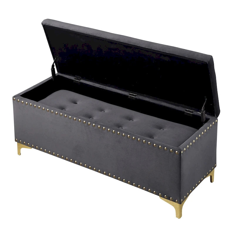 Grand ensemble de bancs de rangement, bancs combinés 2-en-1 avec garniture cloutée, bancs en velours capitonné avec pieds dorés, supporte 113 kg