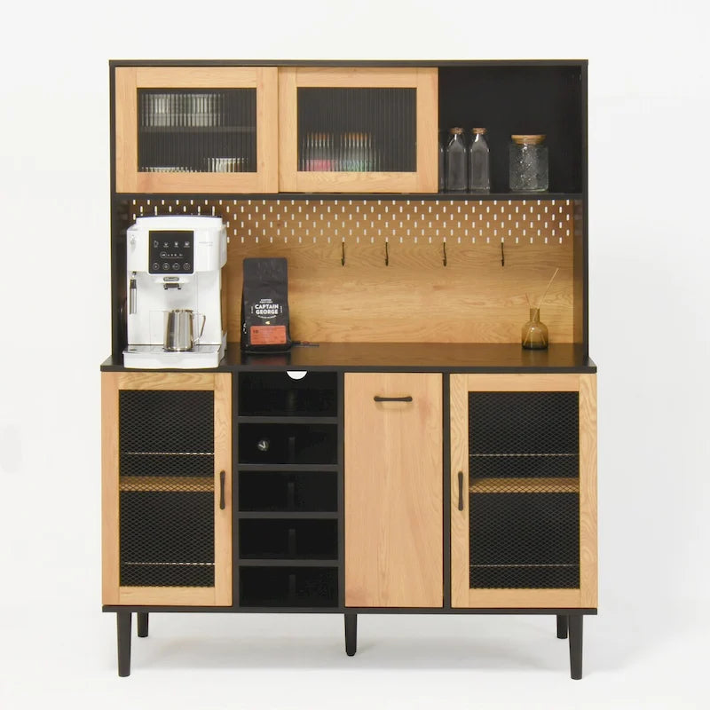 Buffet avec armoire de rangement et prise de courant de 150 cm, meuble de bar à café de style ferme avec casier à vin, garde-manger de cuisine