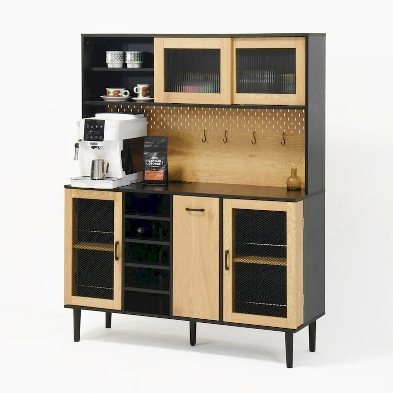 Buffet avec armoire de rangement et prise de courant de 150 cm, meuble de bar à café de style ferme avec casier à vin, garde-manger de cuisine