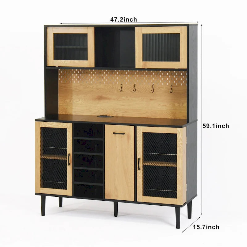 Buffet avec armoire de rangement et prise de courant de 150 cm, meuble de bar à café de style ferme avec casier à vin, garde-manger de cuisine