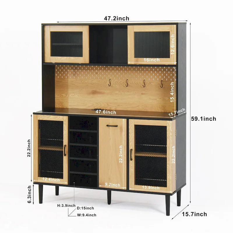 Buffet avec armoire de rangement et prise de courant de 150 cm, meuble de bar à café de style ferme avec casier à vin, garde-manger de cuisine