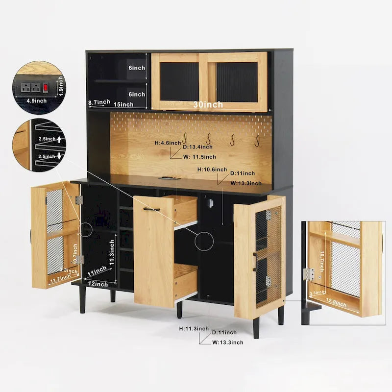 Buffet avec armoire de rangement et prise de courant de 150 cm, meuble de bar à café de style ferme avec casier à vin, garde-manger de cuisine