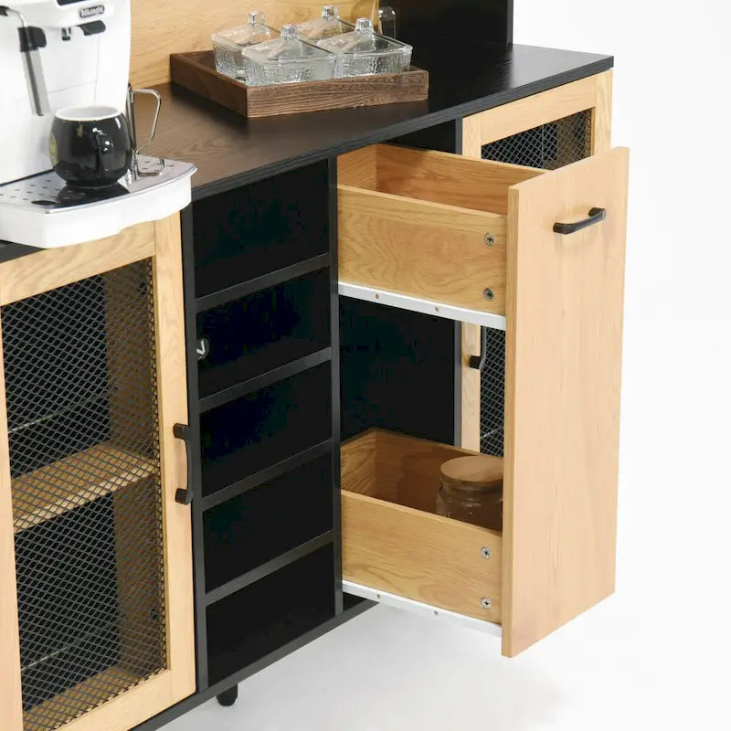 Buffet avec armoire de rangement et prise de courant de 150 cm, meuble de bar à café de style ferme avec casier à vin, garde-manger de cuisine