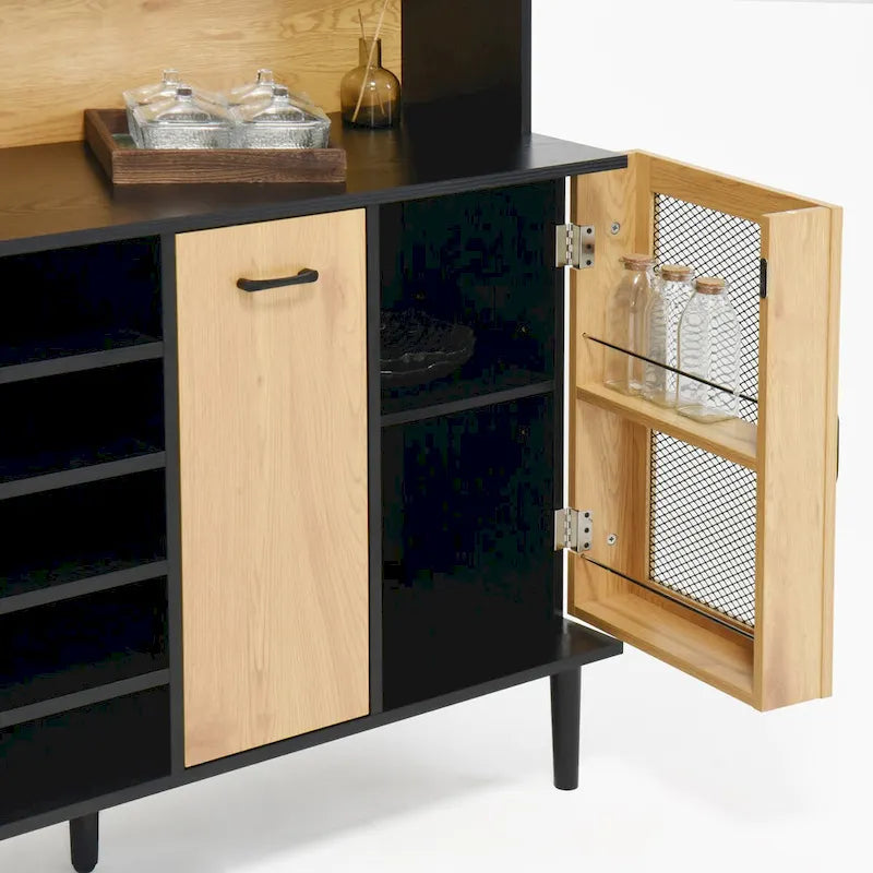 Buffet avec armoire de rangement et prise de courant de 150 cm, meuble de bar à café de style ferme avec casier à vin, garde-manger de cuisine