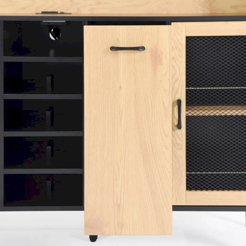 Buffet avec armoire de rangement et prise de courant de 150 cm, meuble de bar à café de style ferme avec casier à vin, garde-manger de cuisine
