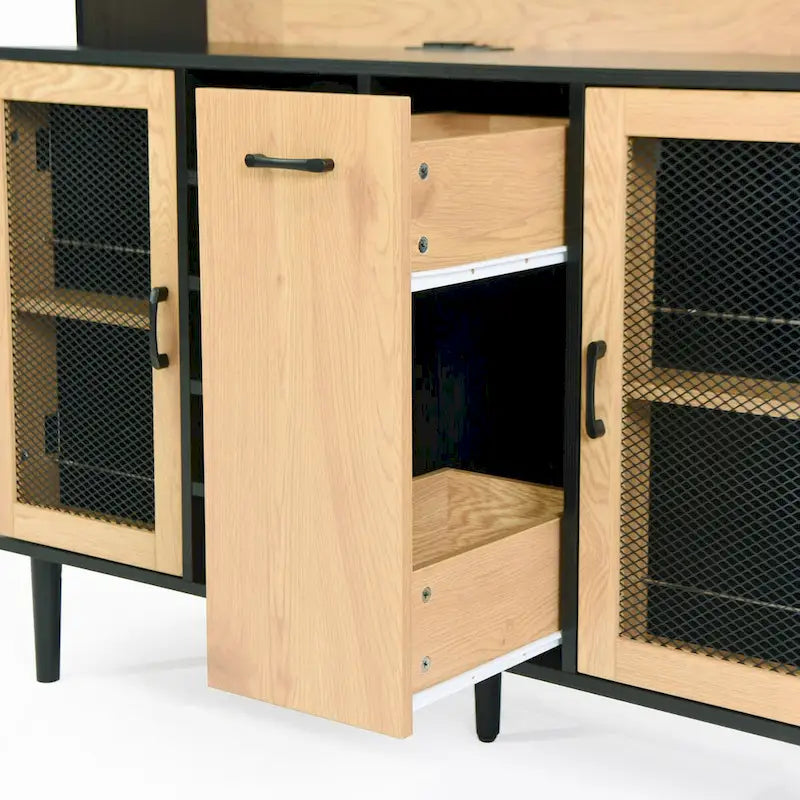 Buffet avec armoire de rangement et prise de courant de 150 cm, meuble de bar à café de style ferme avec casier à vin, garde-manger de cuisine