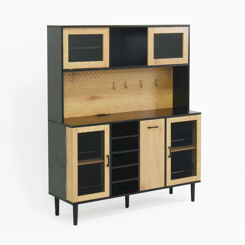 Buffet avec armoire de rangement et prise de courant de 150 cm, meuble de bar à café de style ferme avec casier à vin, garde-manger de cuisine