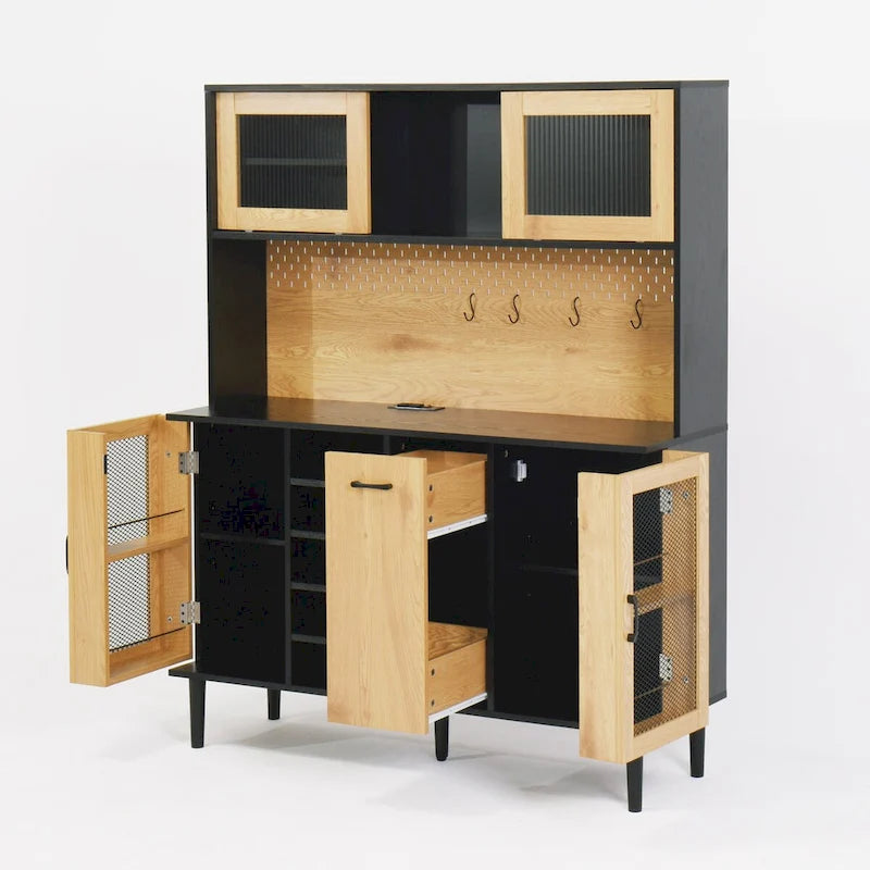 Buffet avec armoire de rangement et prise de courant de 150 cm, meuble de bar à café de style ferme avec casier à vin, garde-manger de cuisine