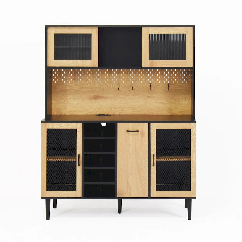 Buffet avec armoire de rangement et prise de courant de 150 cm, meuble de bar à café de style ferme avec casier à vin, garde-manger de cuisine