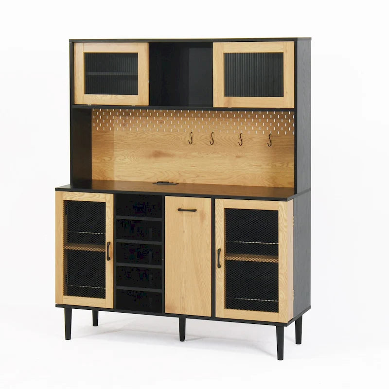 Buffet avec armoire de rangement et prise de courant de 150 cm, meuble de bar à café de style ferme avec casier à vin, garde-manger de cuisine