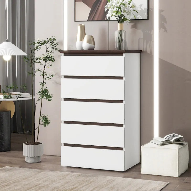 Grande commode blanche pour chambre, commode moderne du milieu du siècle avec tiroirs, commode à 5 tiroirs avec plateau couleur bois, petite commode