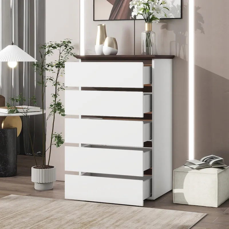 Grande commode blanche pour chambre, commode moderne du milieu du siècle avec tiroirs, commode à 5 tiroirs avec plateau couleur bois, petite commode