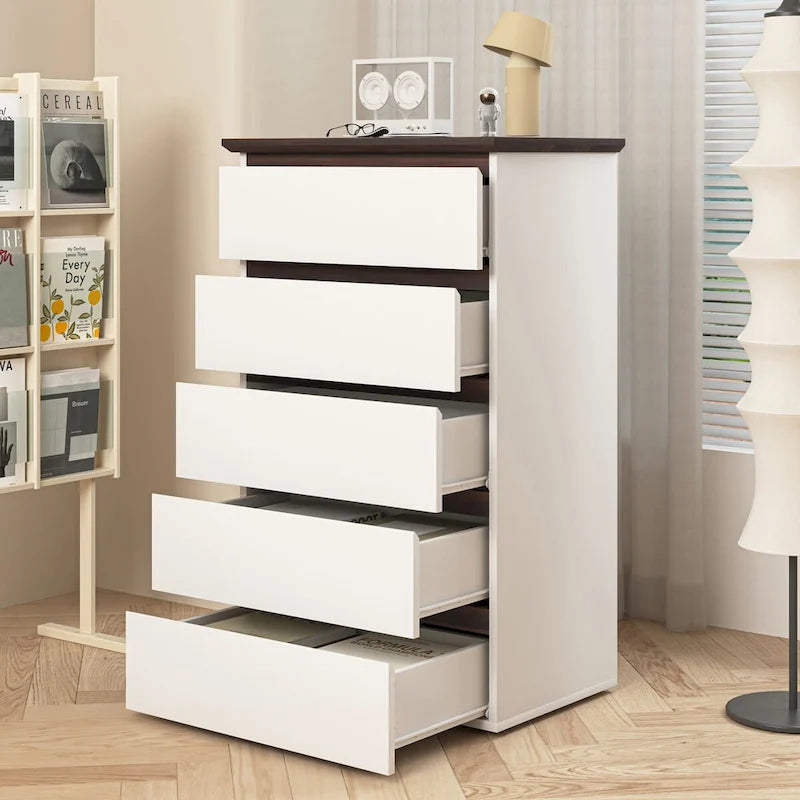 Grande commode blanche pour chambre, commode moderne du milieu du siècle avec tiroirs, commode à 5 tiroirs avec plateau couleur bois, petite commode