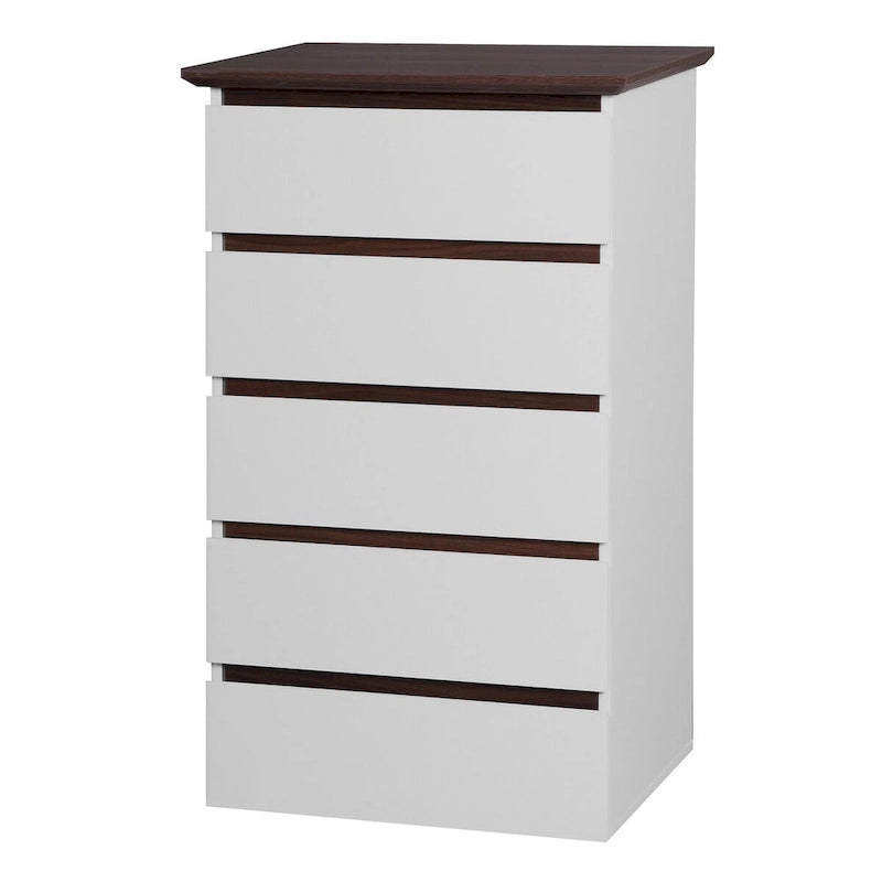 Grande commode blanche pour chambre, commode moderne du milieu du siècle avec tiroirs, commode à 5 tiroirs avec plateau couleur bois, petite commode