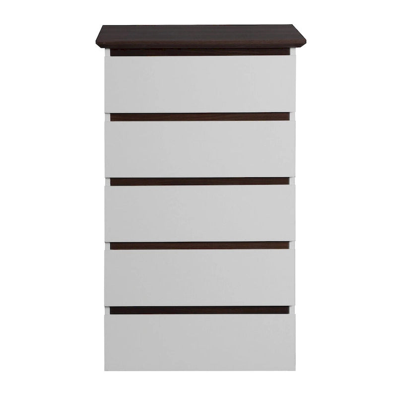 Grande commode blanche pour chambre, commode moderne du milieu du siècle avec tiroirs, commode à 5 tiroirs avec plateau couleur bois, petite commode