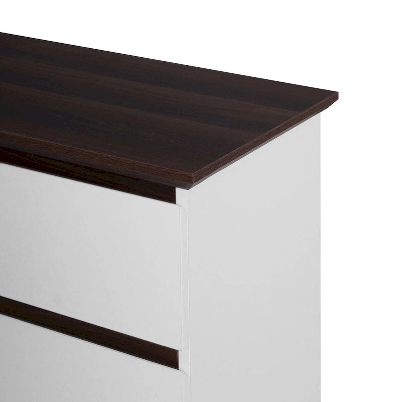 Grande commode blanche pour chambre, commode moderne du milieu du siècle avec tiroirs, commode à 5 tiroirs avec plateau couleur bois, petite commode