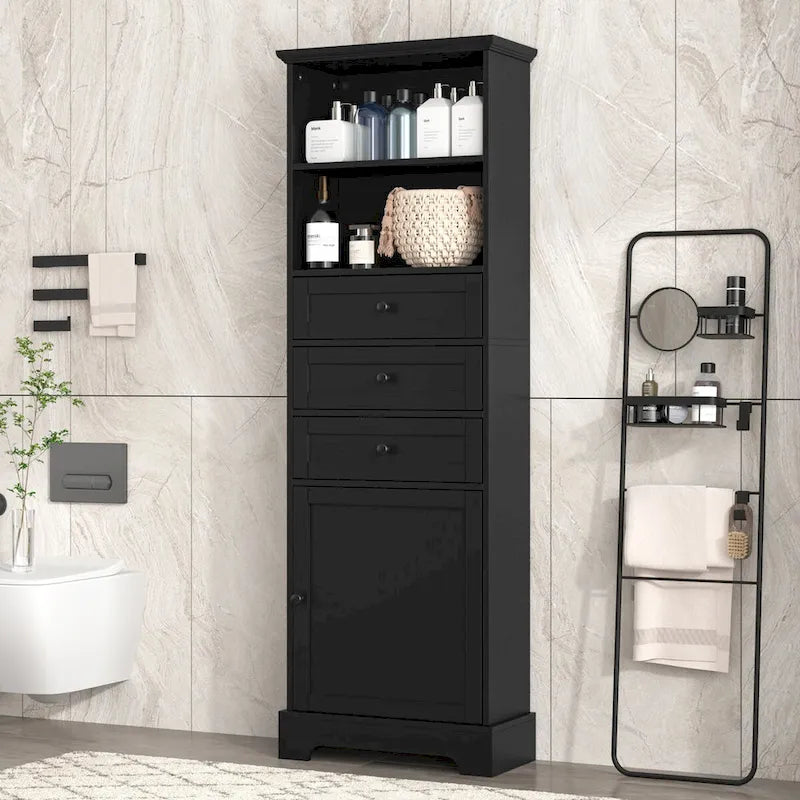Meuble de rangement haut noir avec 3 tiroirs et étagères réglables pour salle de bain, en panneau MDF avec finition peinte