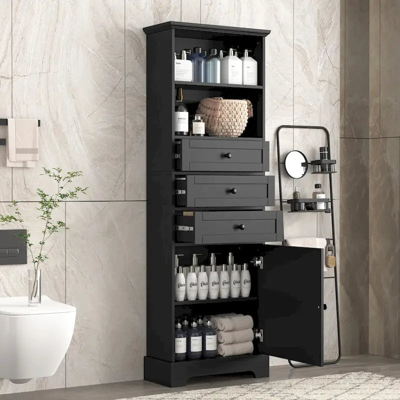 Meuble de rangement haut noir avec 3 tiroirs et étagères réglables pour salle de bain, en panneau MDF avec finition peinte