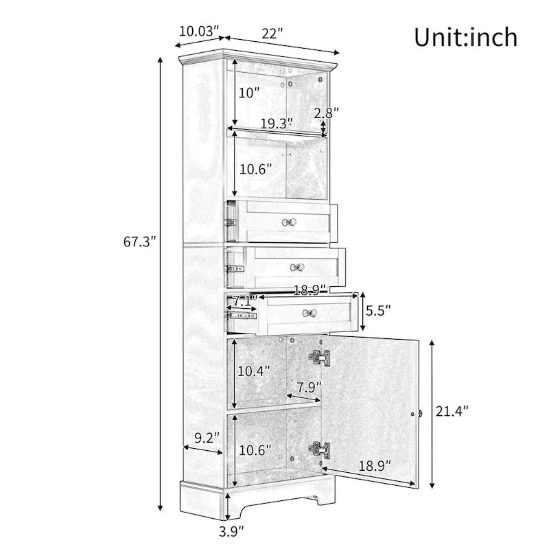 Meuble de rangement haut noir avec 3 tiroirs et étagères réglables pour salle de bain, en panneau MDF avec finition peinte