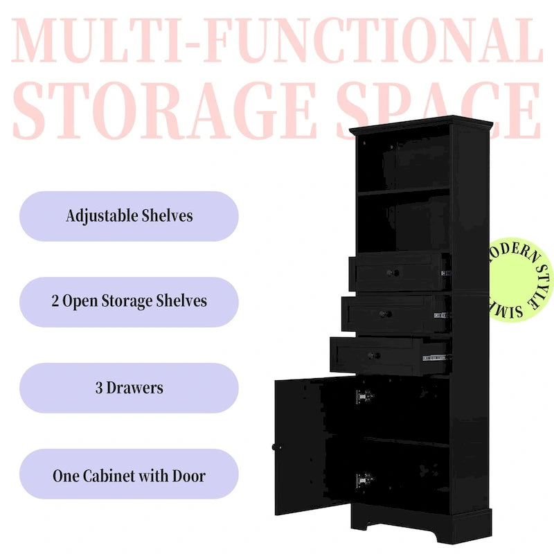 Meuble de rangement haut noir avec 3 tiroirs et étagères réglables pour salle de bain, en panneau MDF avec finition peinte