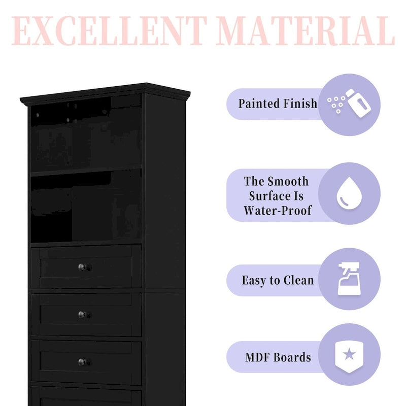 Meuble de rangement haut noir avec 3 tiroirs et étagères réglables pour salle de bain, en panneau MDF avec finition peinte
