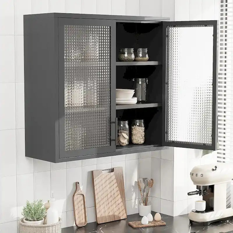 Meuble de rangement mural ou à poser avec portes en verre dépoli et 2 étagères réglables pour le salon